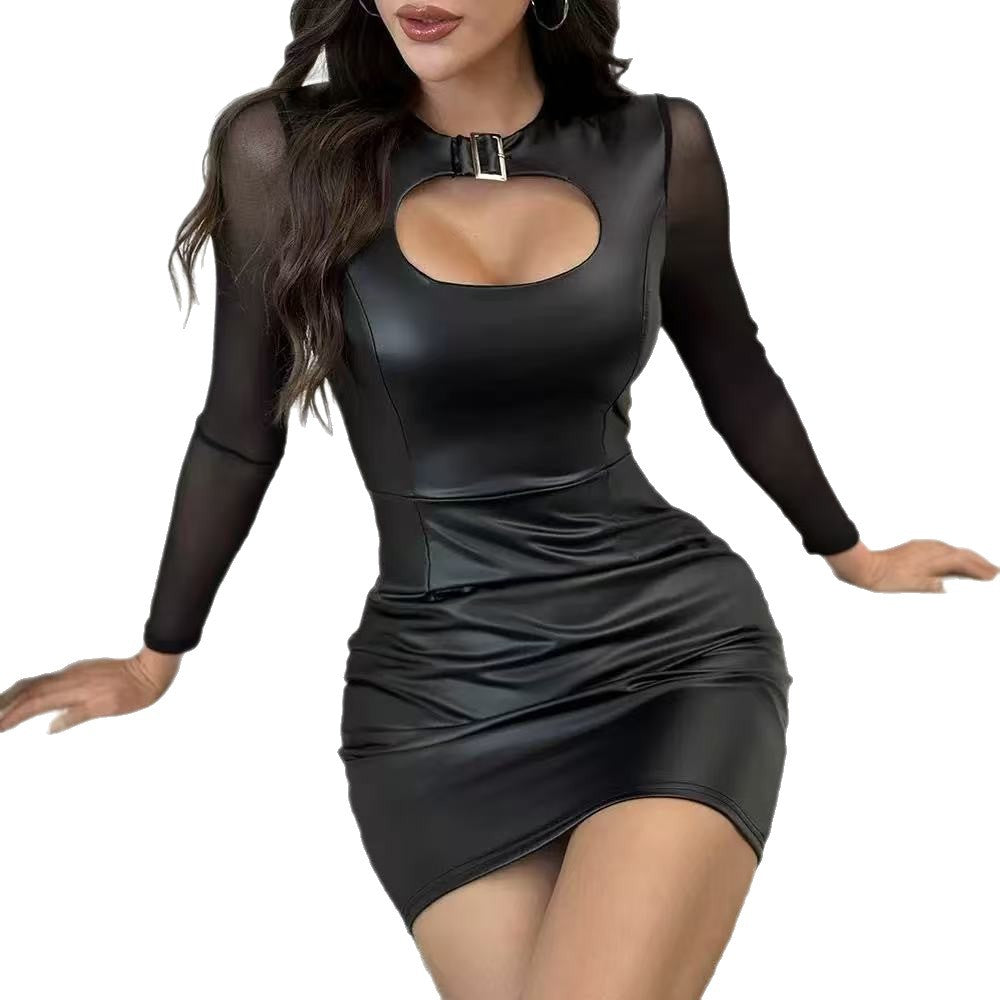 Damen Figurbetontes Kunstlederkleid mit transparenten Ärmeln und Dekolleté-Ausschnitt Drune