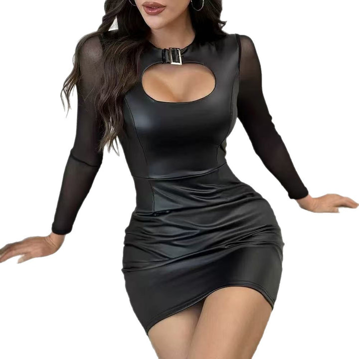 Damen Figurbetontes Kunstlederkleid mit transparenten Ärmeln und Dekolleté-Ausschnitt Drune