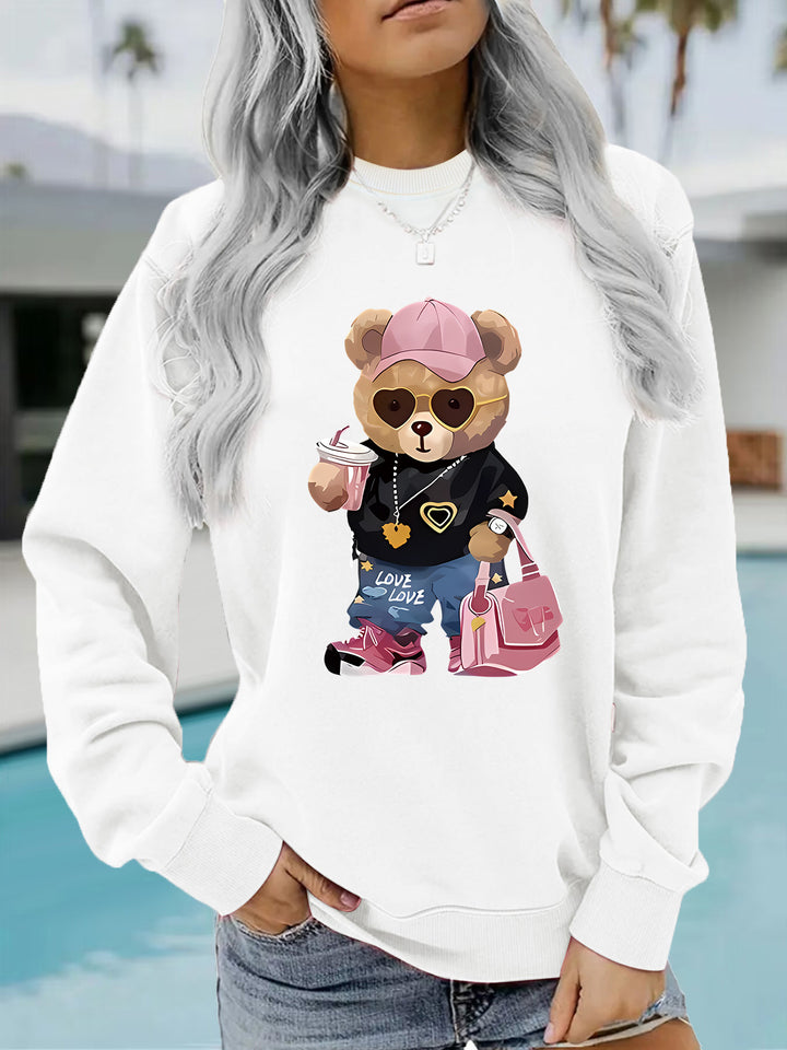Damen Sweatshirt mit einzigartigem Cartoon-Bären-Motiv und modischem Schriftzug Drune