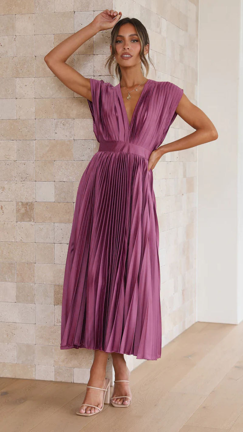 Damen Plissiertes Maxikleid mit tiefem V-Ausschnitt und fließendem Schnitt Drune