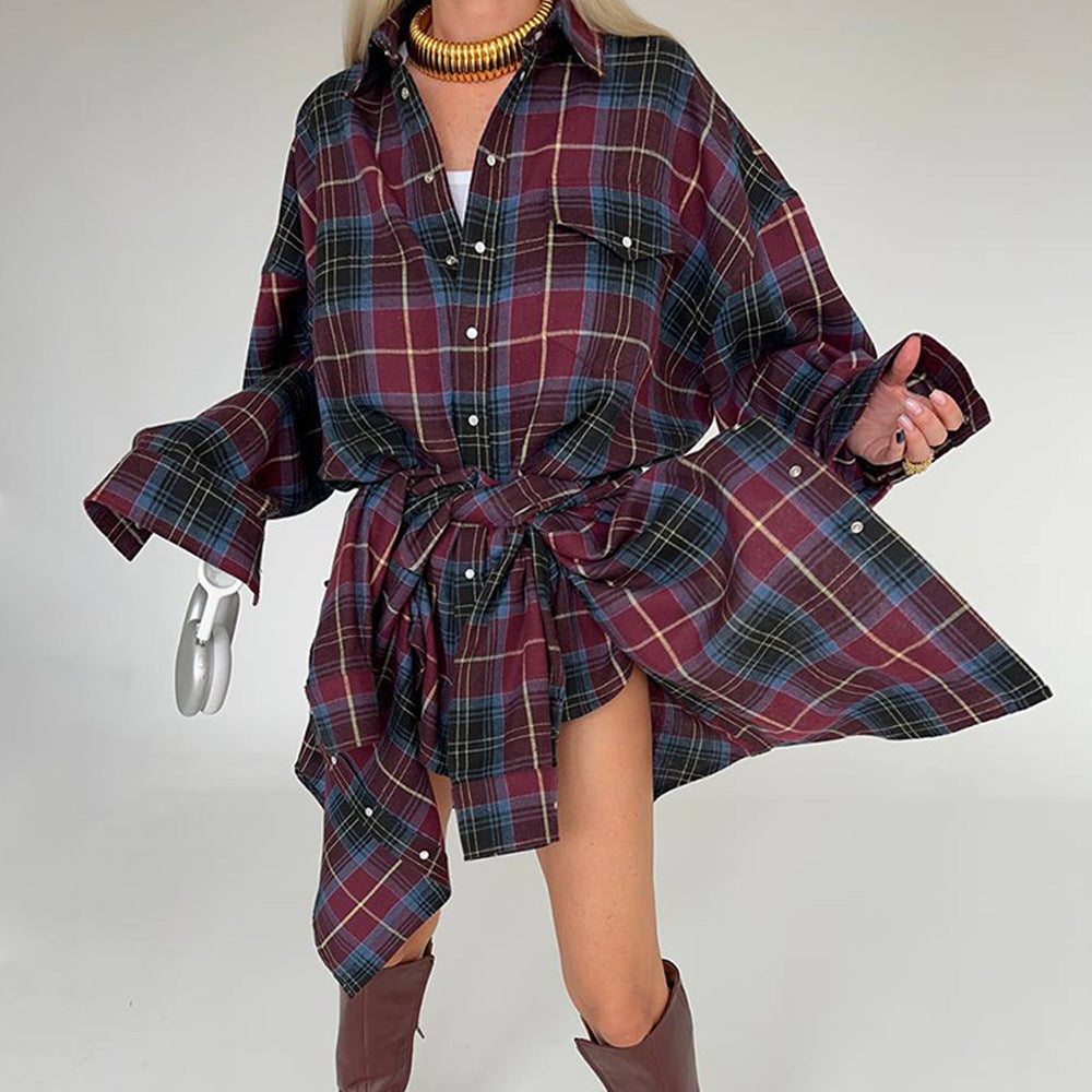 Damen Oversized Karo-Hemd mit drapiertem Schnitt und Druckknopf-Details Drune