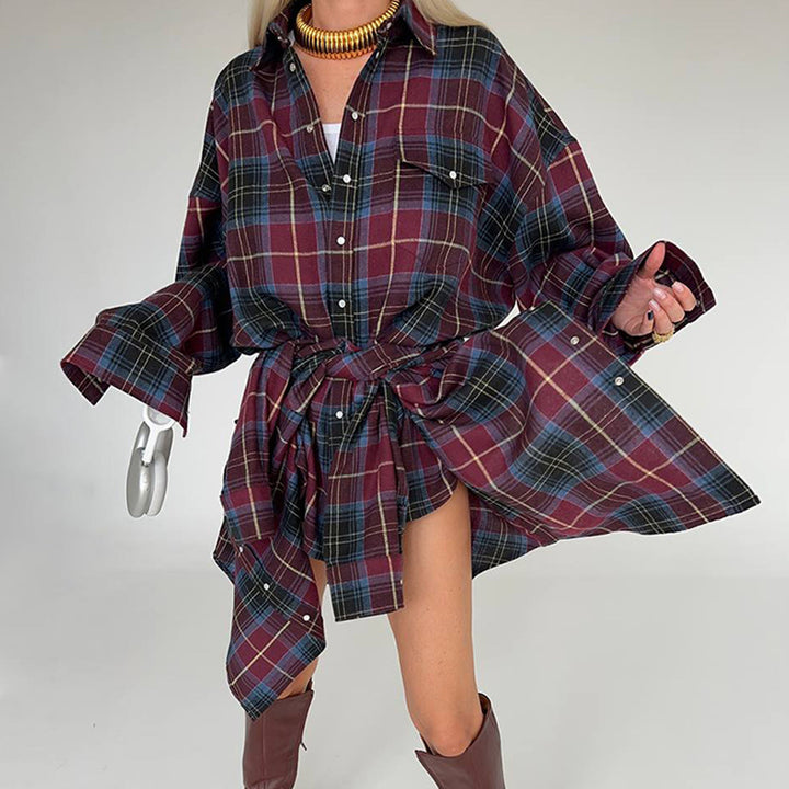 Damen Oversized Karo-Hemd mit drapiertem Schnitt und Druckknopf-Details Drune