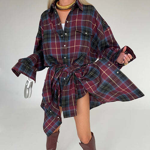 Damen Oversized Karo-Hemd mit drapiertem Schnitt und Druckknopf-Details Drune