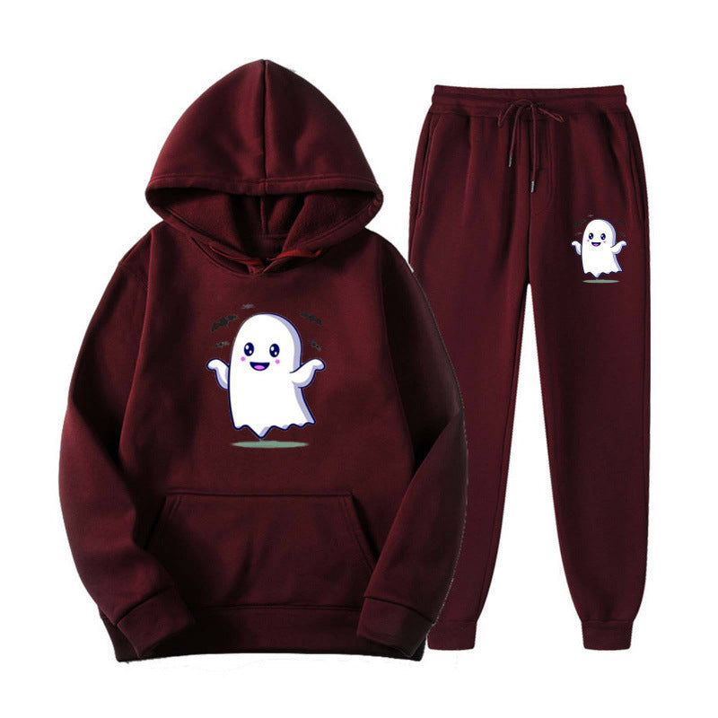 Unisex nan kuscheliger Kapuzenpullover und Jogginghose Set mit Halloween-Geistprint Drune