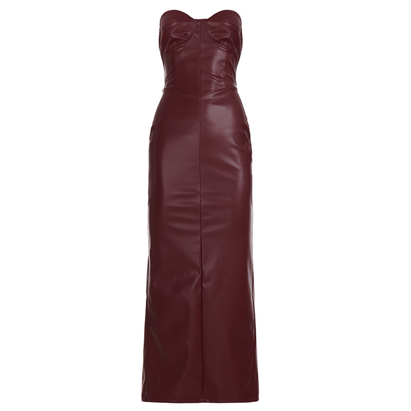 Damen figurbetontes Kunstlederkleid mit herzförmigem Ausschnitt und elegantem Schnitt Drune