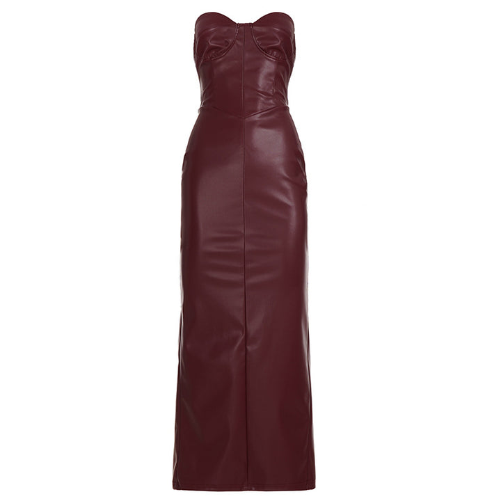 Damen figurbetontes Kunstlederkleid mit herzförmigem Ausschnitt und elegantem Schnitt Drune