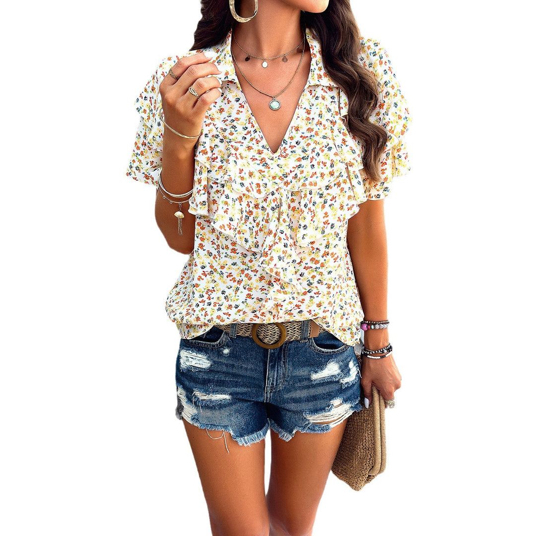 Damen Bluse mit voluminösen Rüschen und floralen Mustern Drune