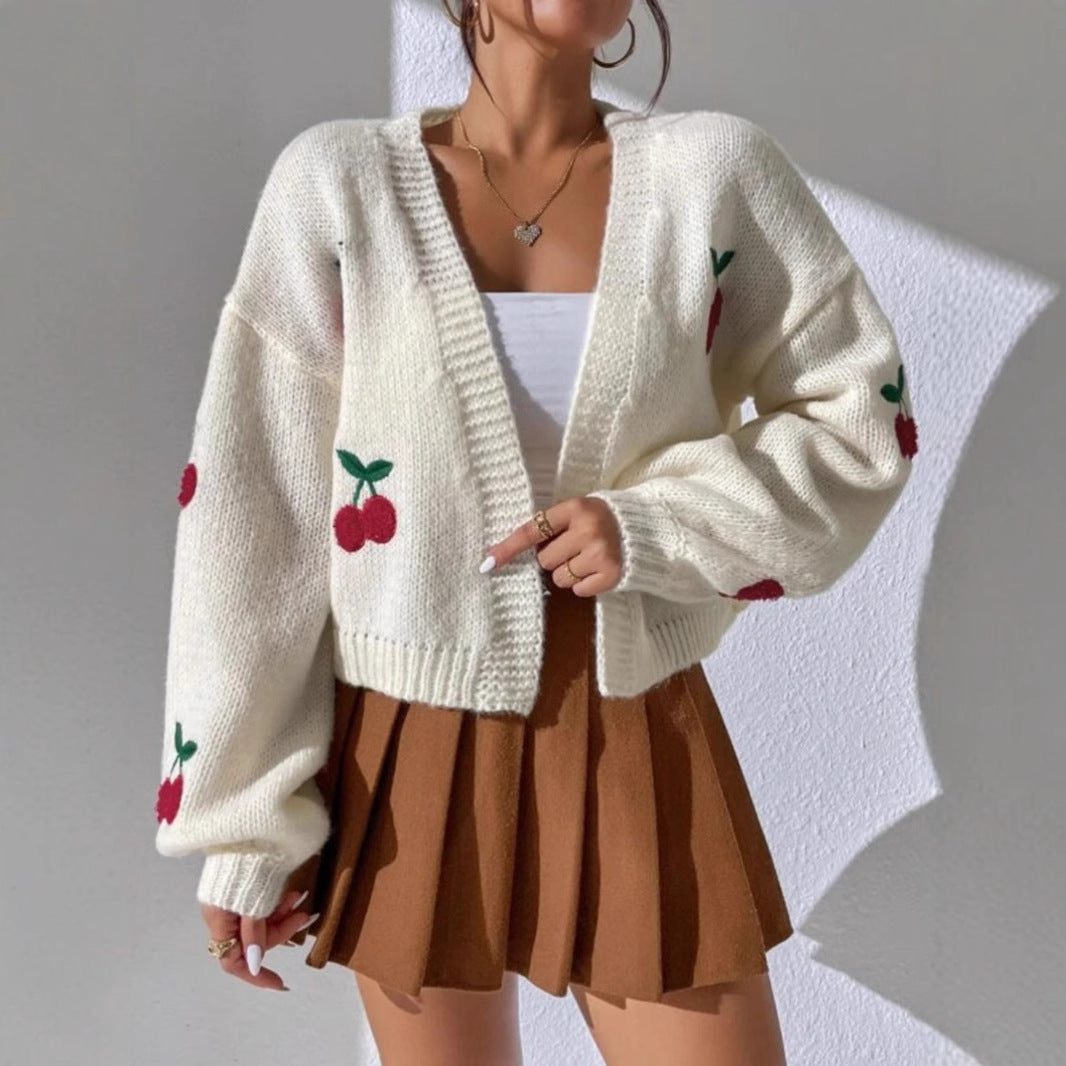 Damen Strickjacke mit floralem Kirschmuster Drune