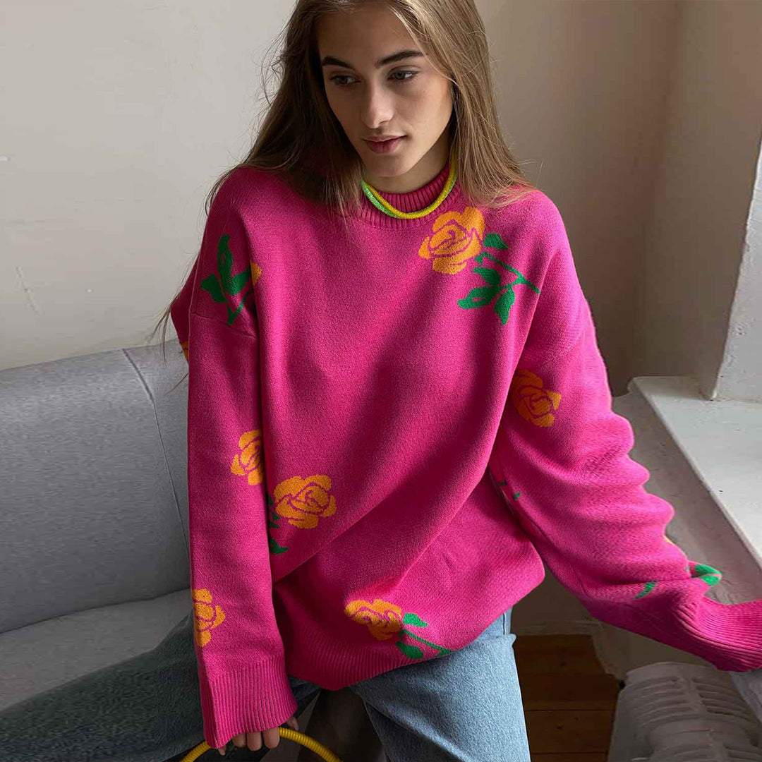Damen Gemusterter Strickpullover mit floralem Design und lockerer Passform Drune