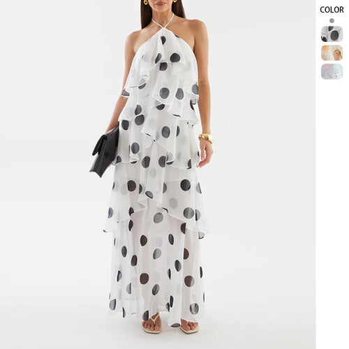 Damen Maxikleid mit schwingenden Volants und modernen Punkten Drune