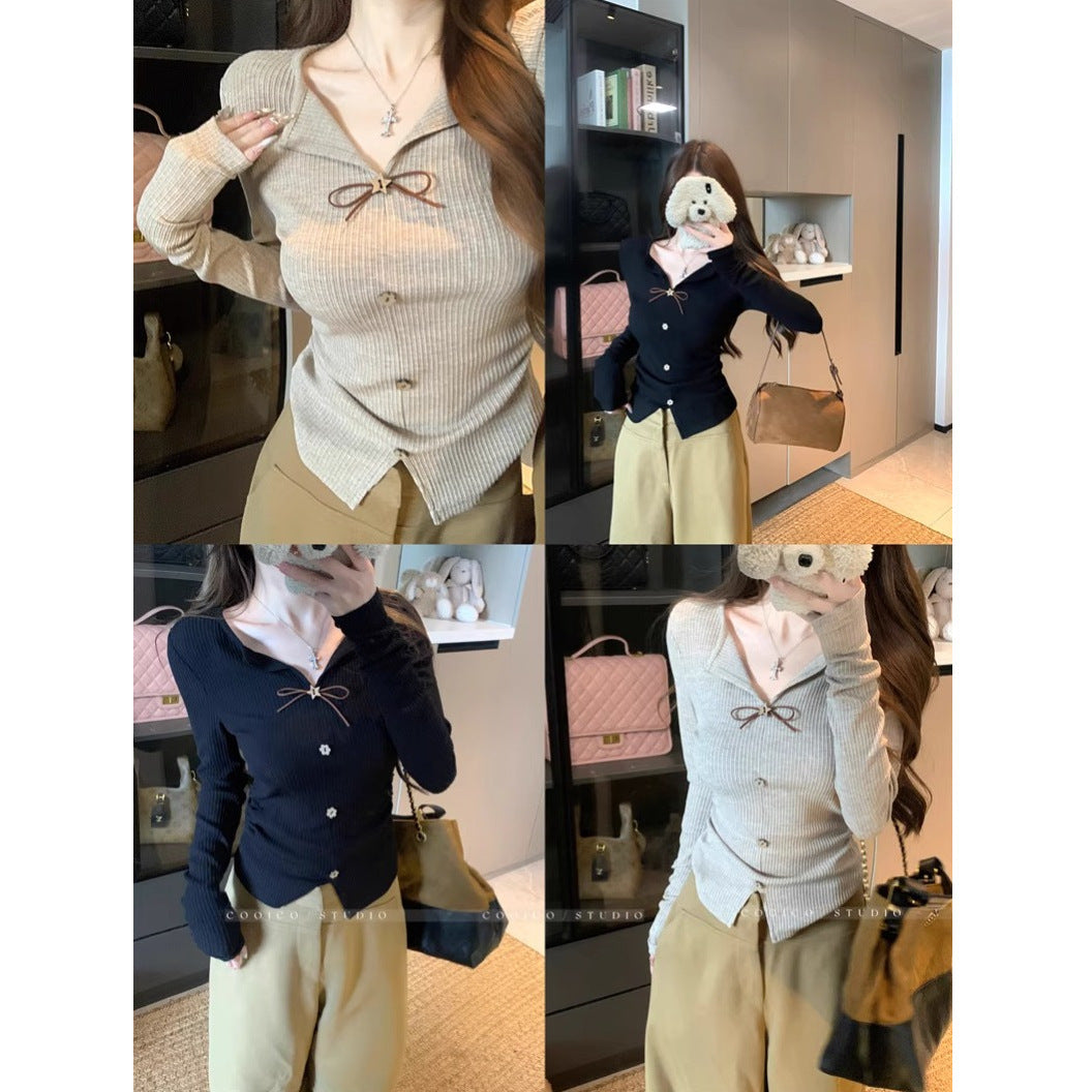 Damen elegante Strickbluse mit dekorativem Bindeband Drune