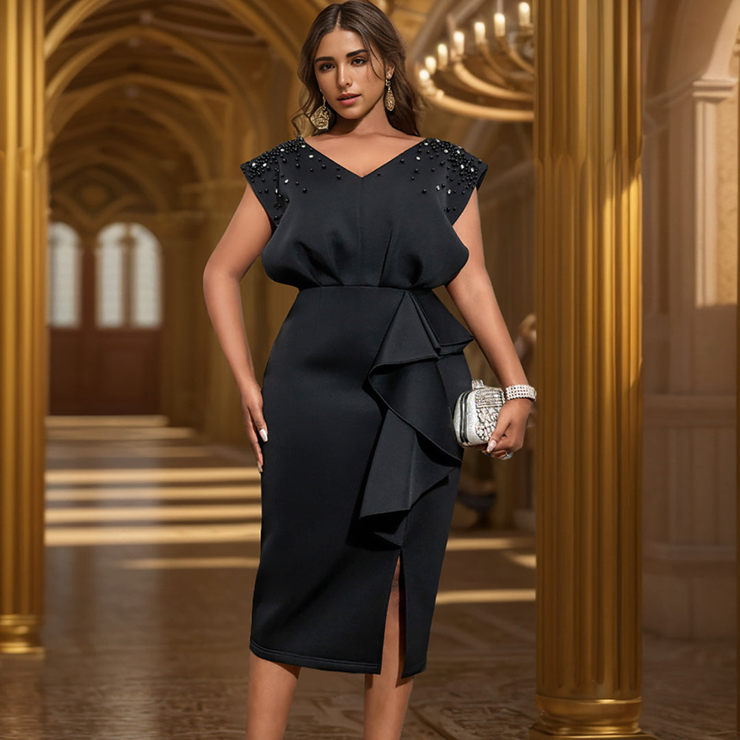 Damen elegantes Wickelkleid mit schimmernden Perlen und asymmetrischem Rüschensaum Drune