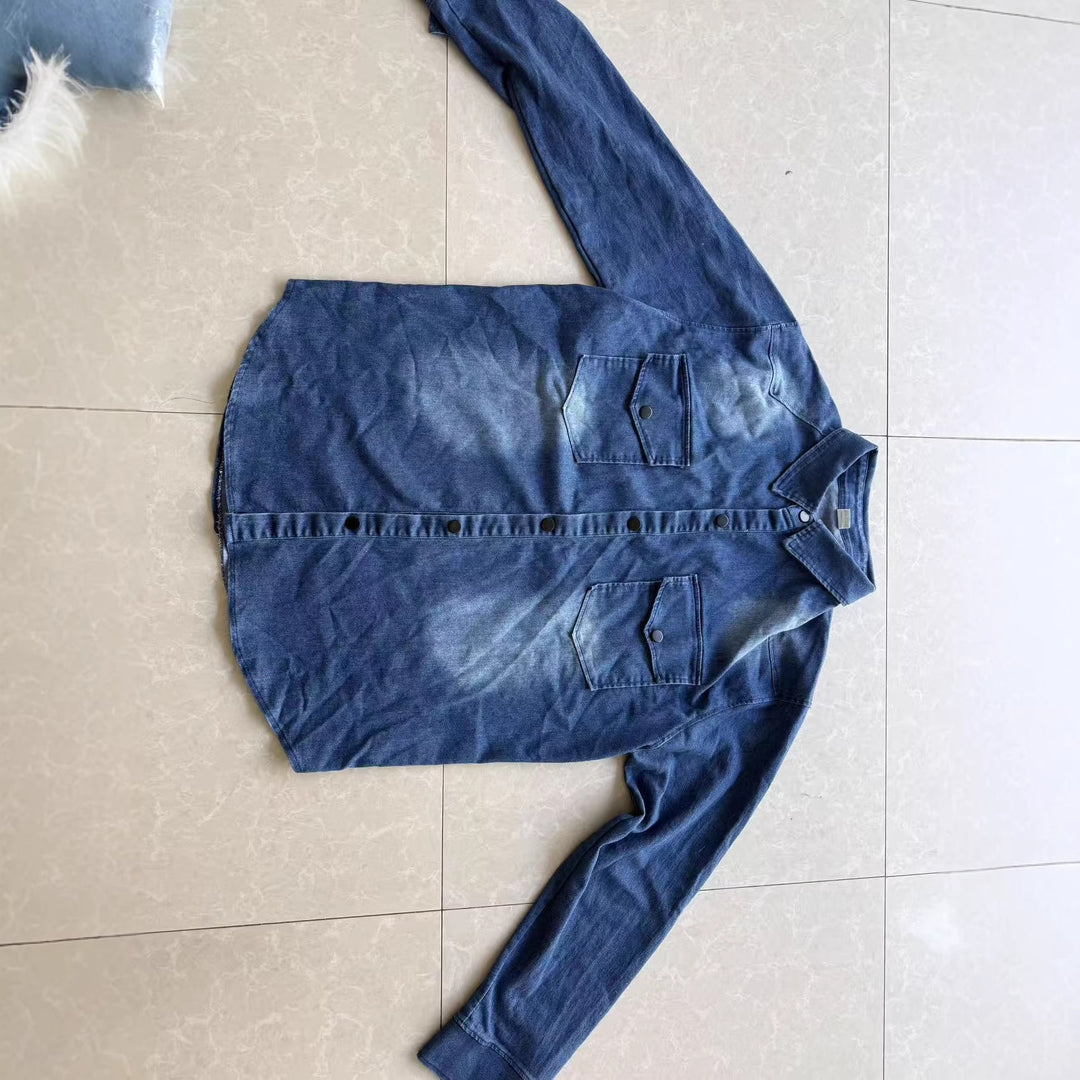 Herren nan locker geschnittenes Jeansstoff-Overshirt mit Pattentaschen und abgerundetem Saum Drune