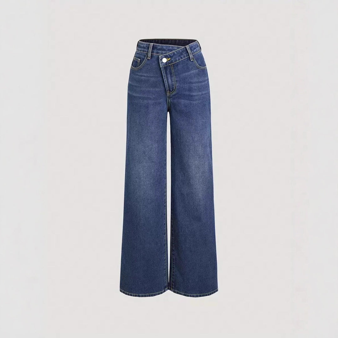 Damen Weit geschnittene Denim-Hose mit hohem Bund und klassischen Taschen Drune