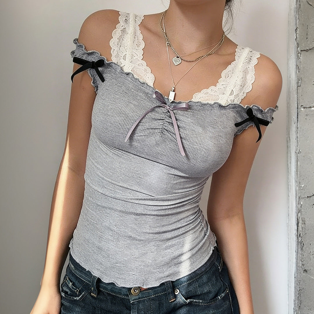 Damen Top mit verspieltem Spitzenkragen und Raffdetails Drune