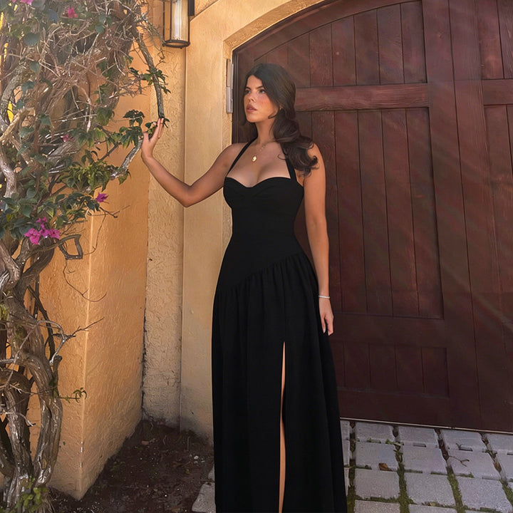 Damen schulterfreies Maxikleid mit raffiniertem Halterneck und fließendem Rock Drune