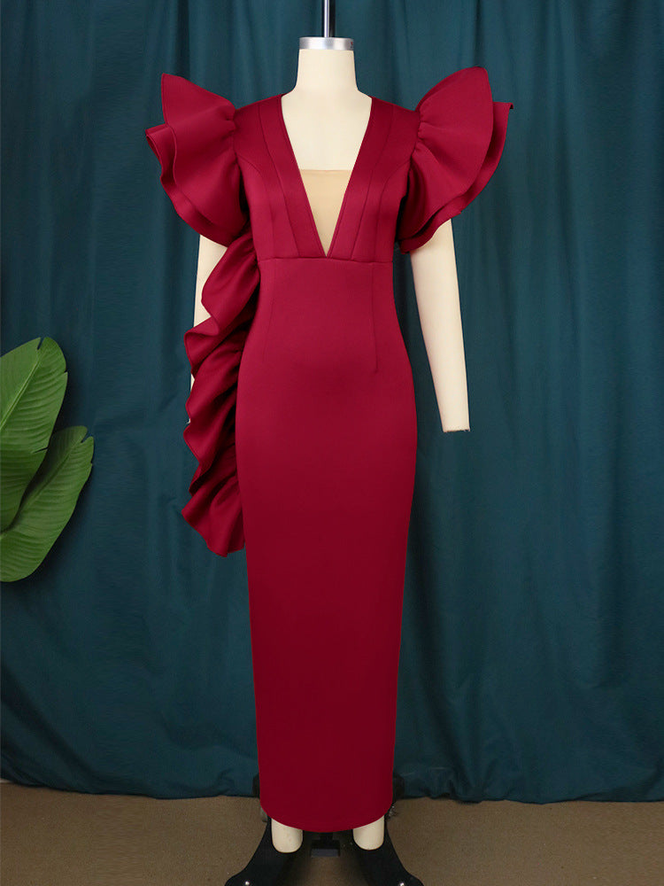 Damen figurumspielendes Abendkleid mit voluminösen Rüschenärmeln Drune