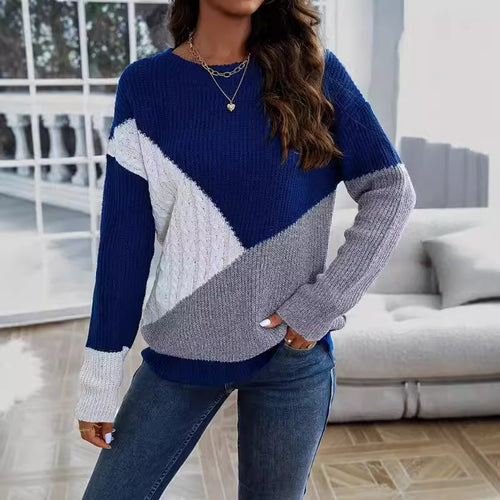Damen Modischer Strickpullover mit asymmetrischem Farbblock und strukturiertem Zopfmuster Drune