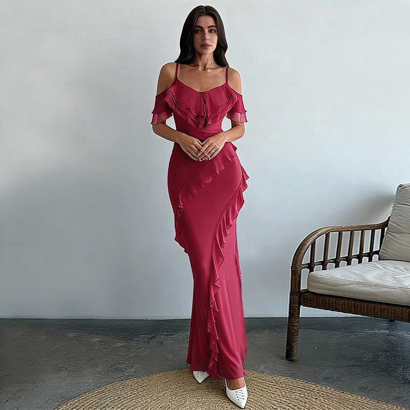 Damen elegantes Maxikleid mit asymmetrischem Rüschendesign Drune