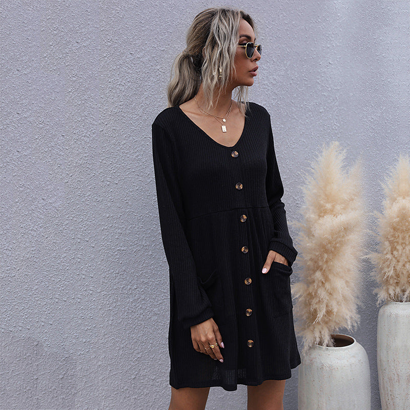 Damen lässiges Strickkleid mit Knopfleiste und Taschen Drune
