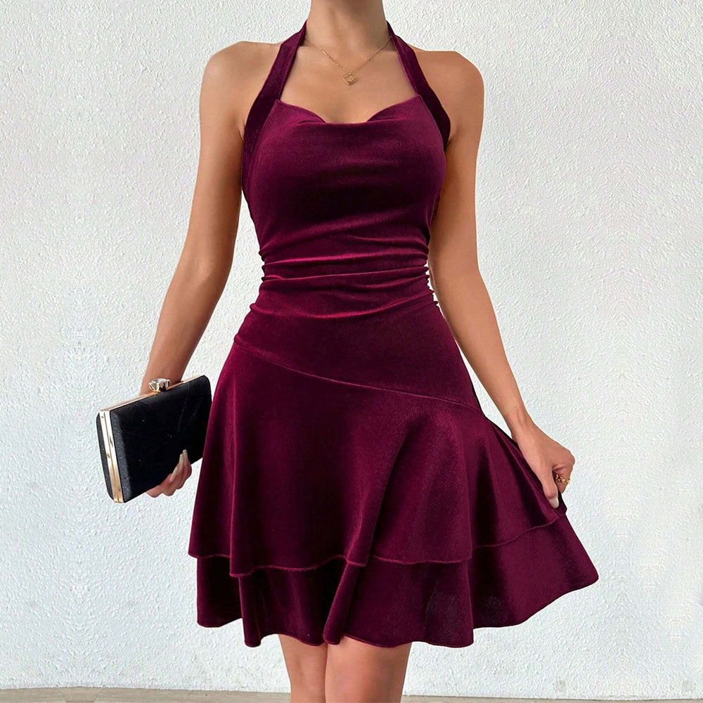 Damen figurbetontes Abendkleid mit rüschendem Rock und Neckholder-Design Drune