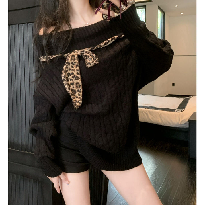 Damen Grobstrickpullover mit offener Schulter und verspieltem Schleifenakzent Drune