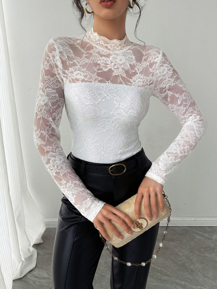 Damen Elegantes Spitzenoberteil mit hochgeschlossenem Kragen und langen Ärmeln Drune