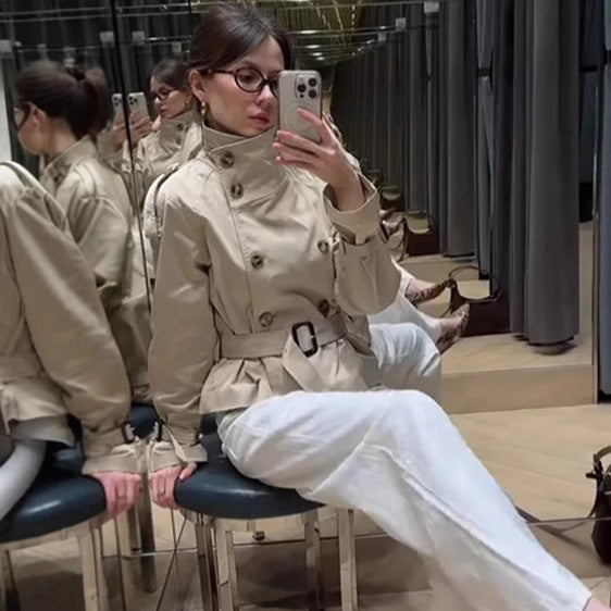 Damen modische Kurztrenchjacke mit doppelter Knopfreihe und Taillengürtel Drune