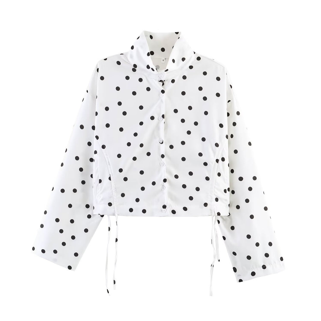 Damen nan kurz geschnittene gepunktete Regenjacke mit Stehkragen, Druckknopfleiste und Kordelzug Drune