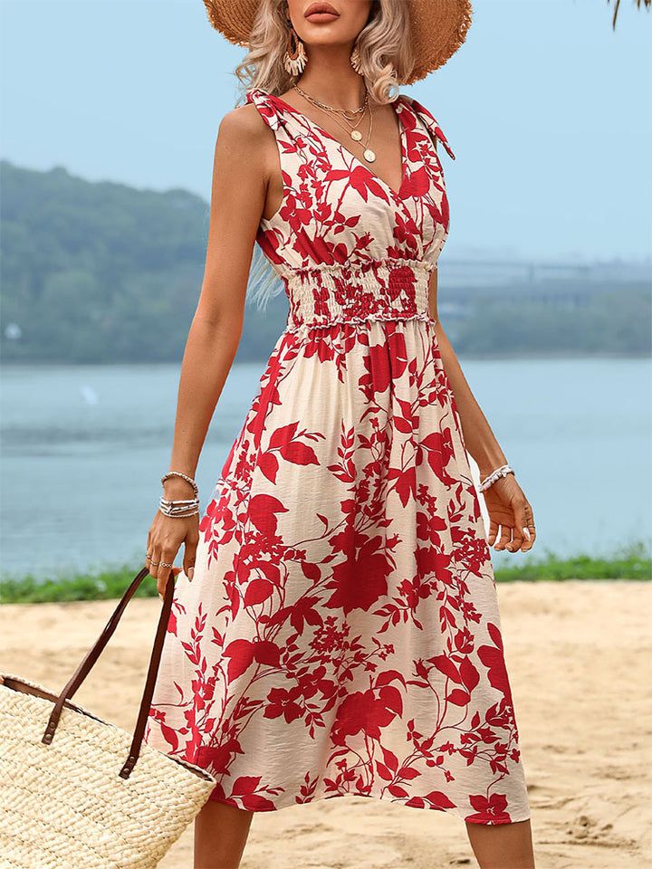 Damen Midikleid mit floralem Design und elastischem Taillenzug Drune