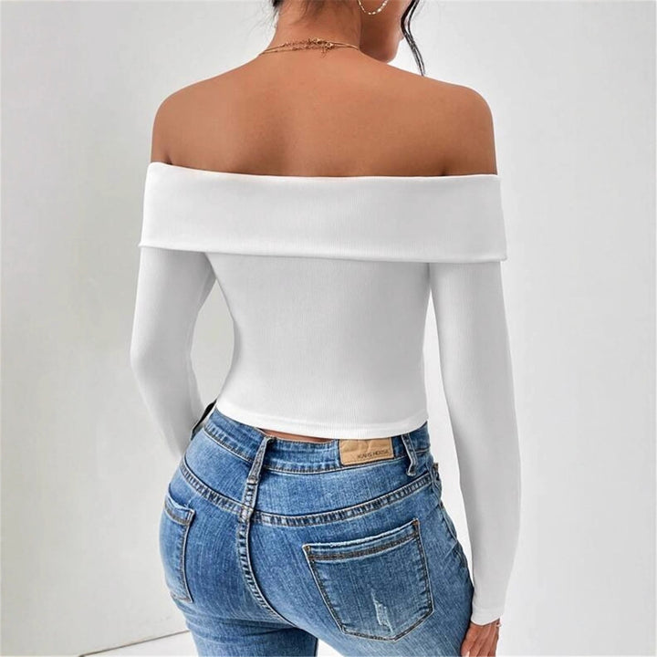 Damen Off-Shoulder Crop-Top mit langen Ärmeln und feiner Rippstruktur Drune