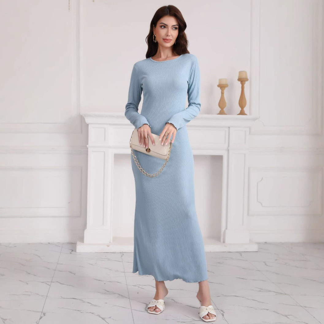 Damen Langarm Maxikleid aus hochwertigem Rippstrickstoff mit elegantem Schlitz Drune