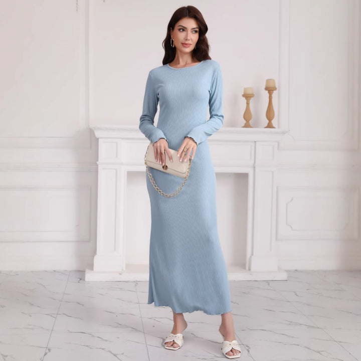 Damen Langarm Maxikleid aus hochwertigem Rippstrickstoff mit elegantem Schlitz Drune