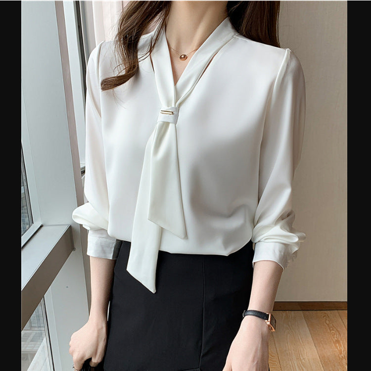 Damen Bluse mit elegantem Schlaufenkragen und seidigem Finish Drune