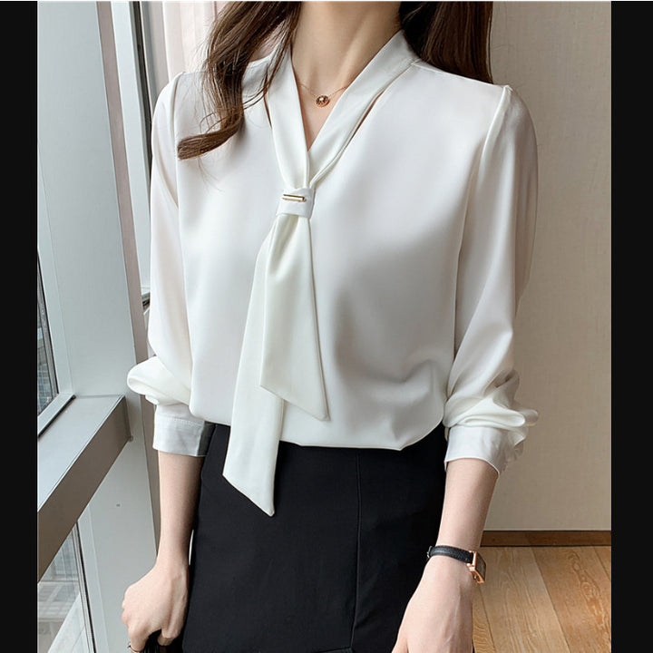 Damen Bluse mit elegantem Schlaufenkragen und seidigem Finish Drune