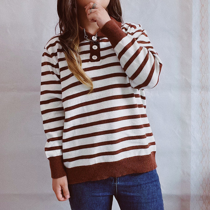 Damen legerer Streifenpullover mit Knopfleiste und weitem Schnitt Drune