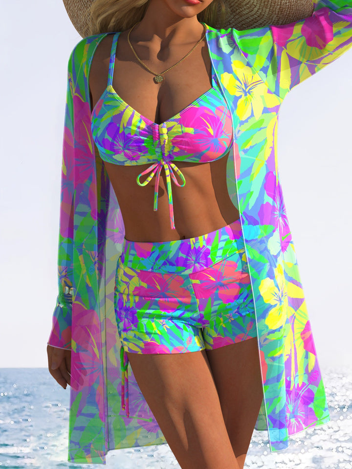 Damen Bikiniset mit floralem Design und schwingendem Kimono Drune