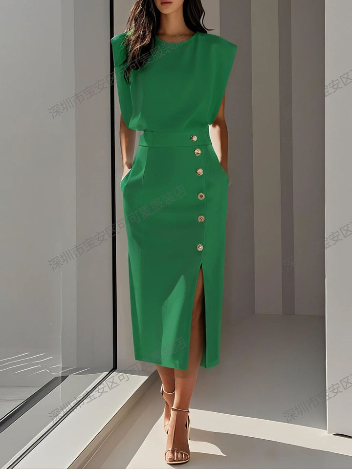 Damen Elegantes Abendkleid mit hohen Schultern und seitlichem Schlitz Drune