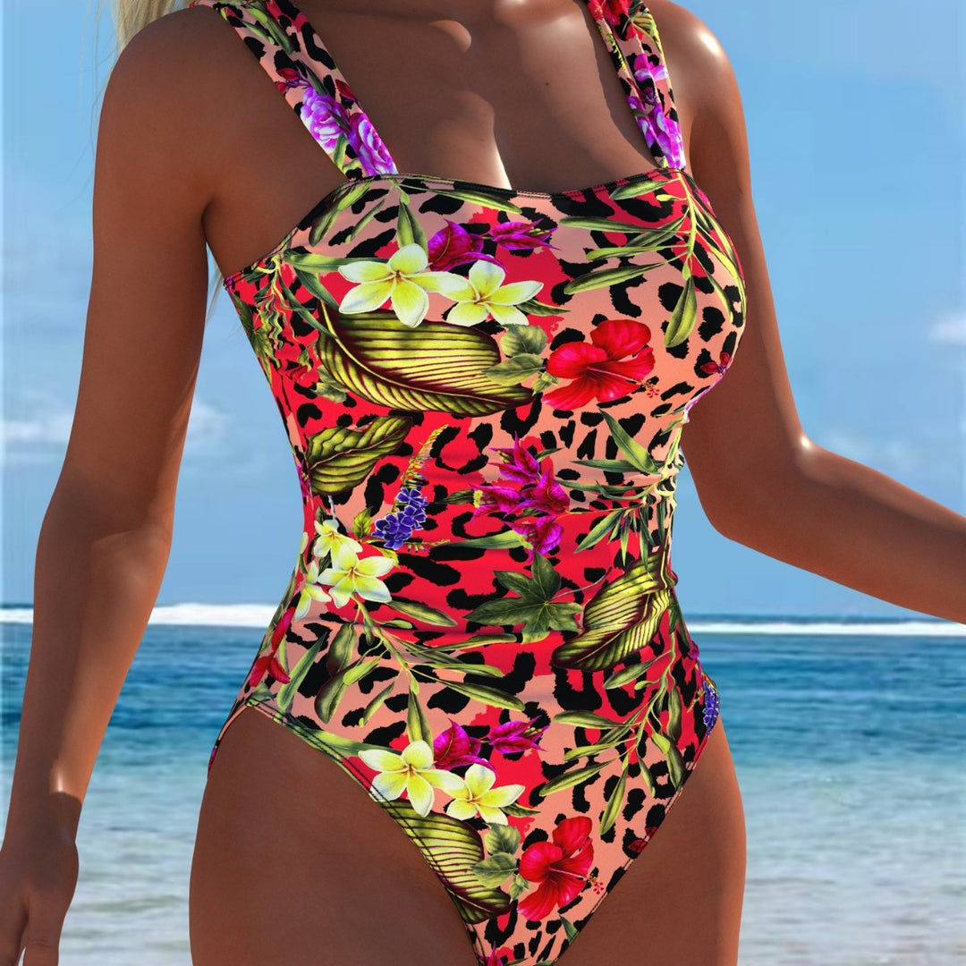Damen einteiliger Badeanzug mit floraler und tierischer Musterkombination Drune