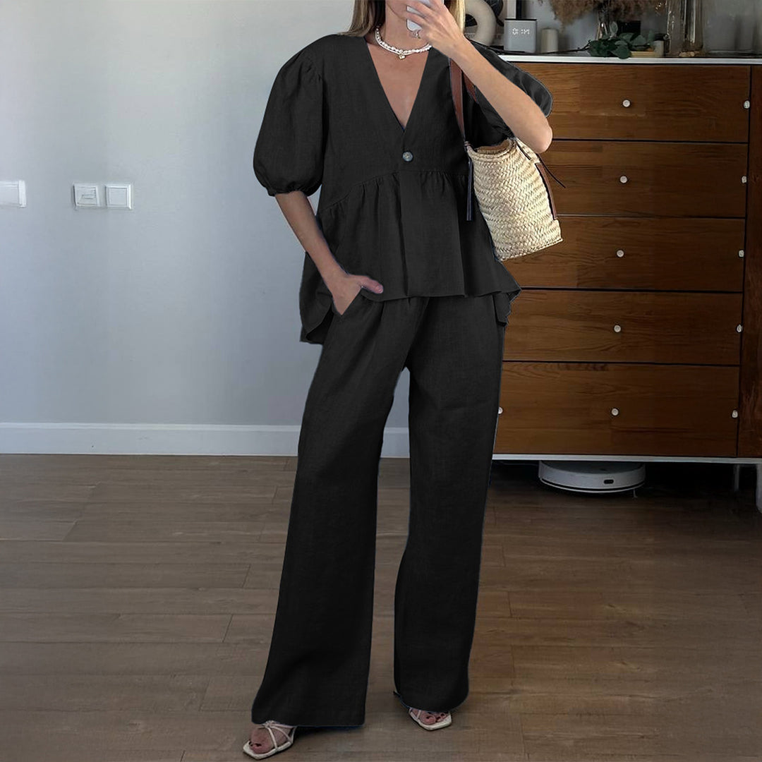 Damen elegantes Oberteil mit hohem Bund und weiten Hosen Drune