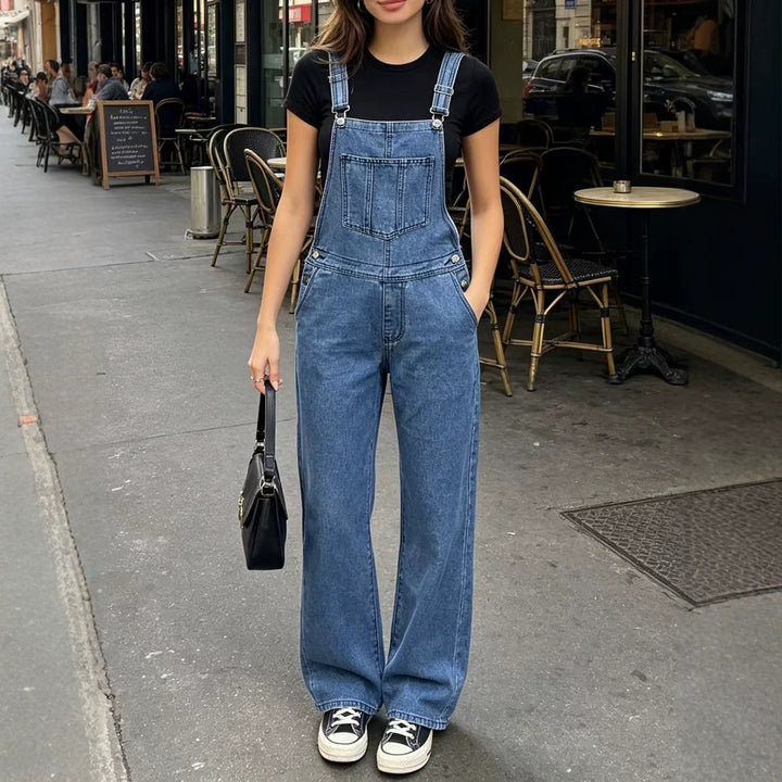 Damen nan weite Denim-Latzhose mit hoher Taille, verstellbaren Trägern und lässigem Schlag Drune