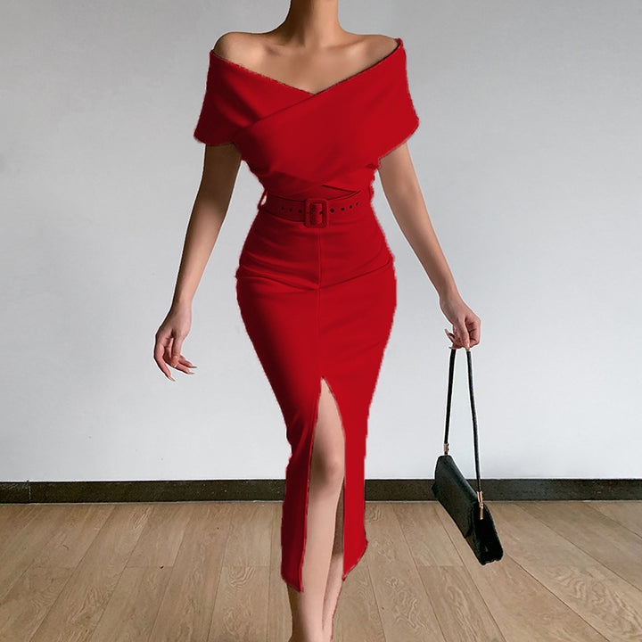 Damen Figurbetontes Abendkleid mit schulterfreiem Design und asymmetrischem Schlitz Drune