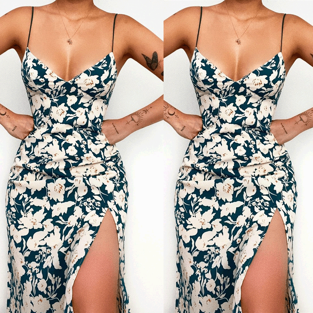 Damen Spaghettiträger Maxikleid mit floralem Design und hohem Schlitz Drune