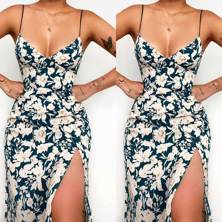 Damen Spaghettiträger Maxikleid mit floralem Design und hohem Schlitz Drune