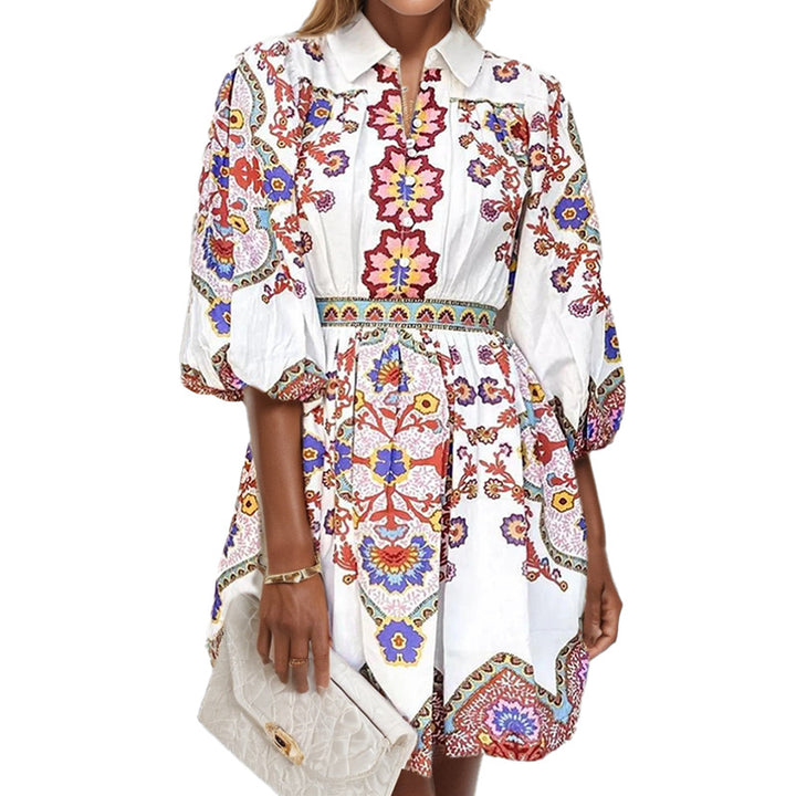 Damen Traditionelles Blusenkleid mit floralen Motiven und gerafften Ärmeln Drune