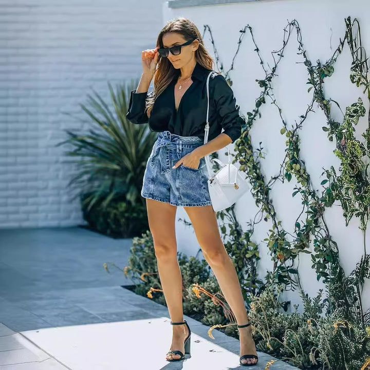 Damen Denim-Shorts mit hohem Bund und Taillengürtel Drune