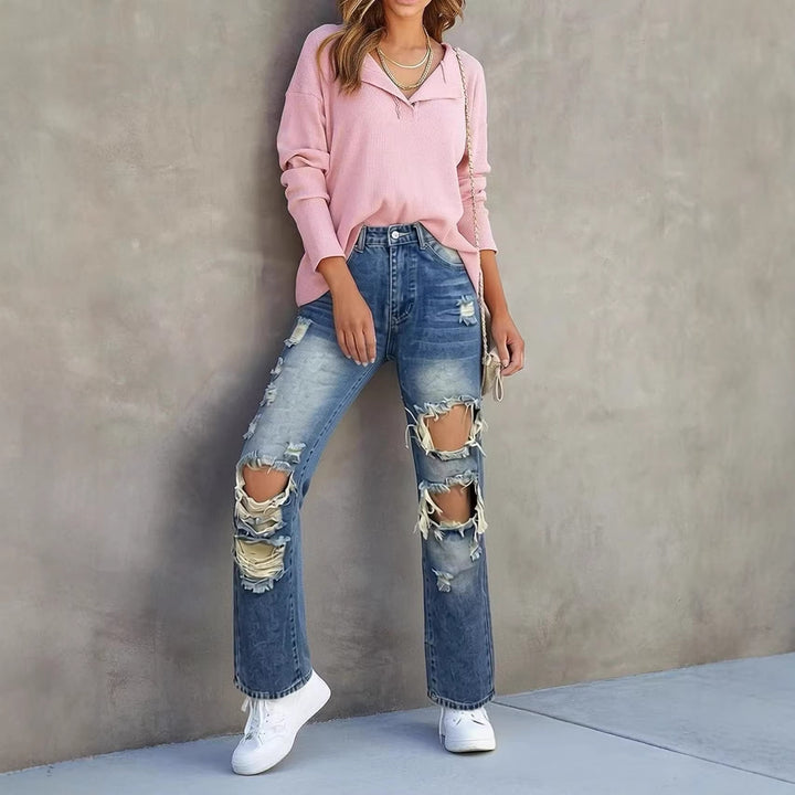 Damen lässige Destroyed Jeans mit weitem Bein und trendigen Rissdetails Drune
