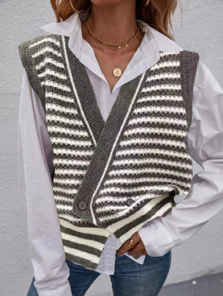 Damen Strickweste mit modischem Streifenmuster und doppeltem Knopfverschluss Drune