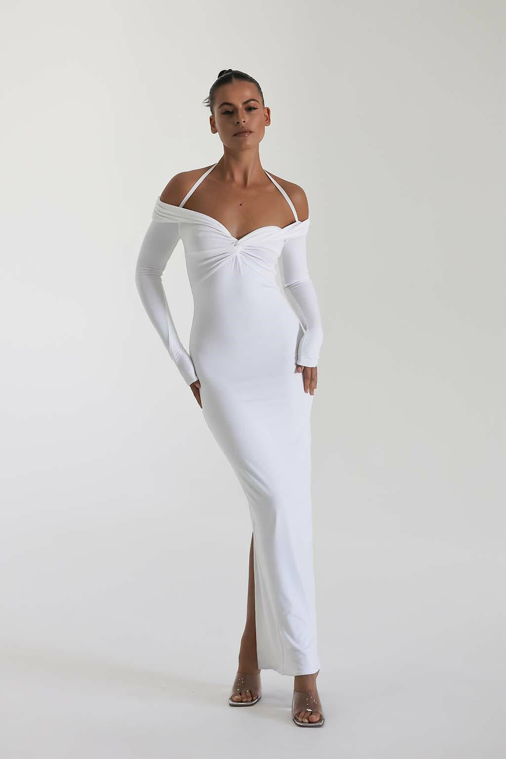Damen Maxi-Kleid mit Off-Shoulder Design und elegantem Schlitz Drune