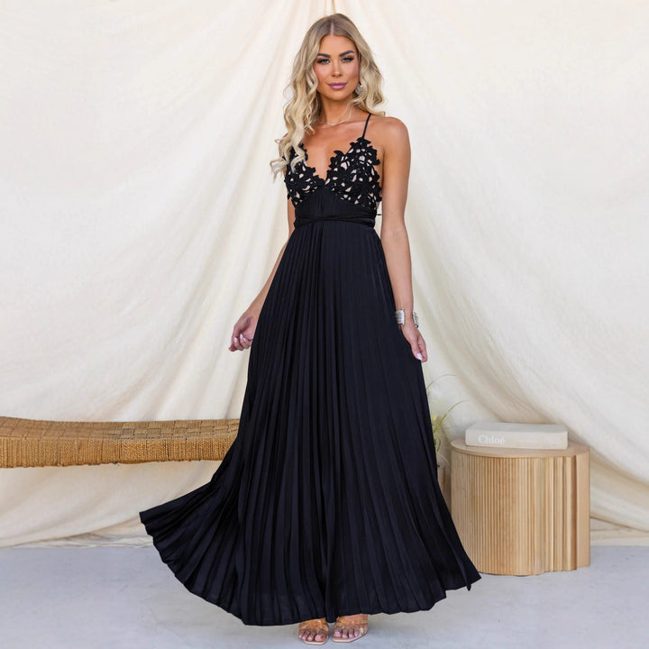 Damen Plissiertes Maxikleid mit verzierten Trägern und elegantem Taillengürtel Drune